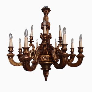 Lámpara de araña Mid-Century de madera dorada con 12 luces