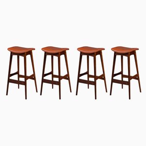 Tabourets de Bar Mid-Century en Palissandre et en Cuir par Erik Buch pour Dyrlund, Set de 4