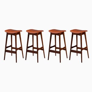 Mid-Century Rosewood & Leather Bar Stools by Erik Buch for Dyrlund, Set of 4