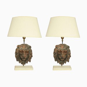 Antike Tischlampen mit Löwen Masken aus Terrakotta, 2er Set