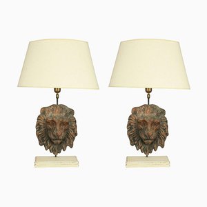 Lampade da tavolo antiche con teste di leone in terracotta, set di 2