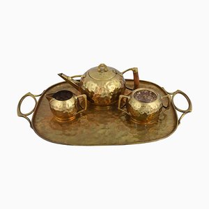 Jugendstil Brass Centrepiece & Tea Set with Tray by Carl Deffner, Germany, 1910s, Set of 4