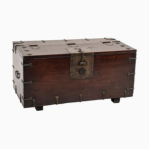 Vintage Chinese Wooden Chest with Decorations and Bronze Lock