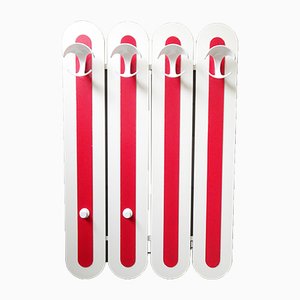 Large Mid-Century Red & White Metal and Wood Wall Coat Rack