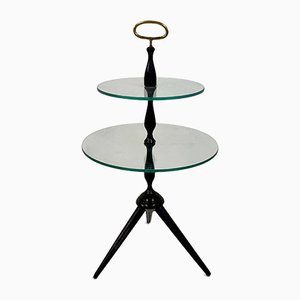 Table d'Appoint à 2 Niveaux Noire avec Poignée en Laiton, Italie, 1950s