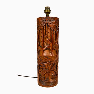 Mid-Century Asian Living Room Table Lamp in Carved Wood, 1940s