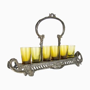 Art Nouveau Tableware Set with Pewter Handled Serving Tray & Six Shot Glasses