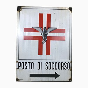 Vintage Italian Rectangular Metal Enamel Railway Emergency Care Sign, 1950s