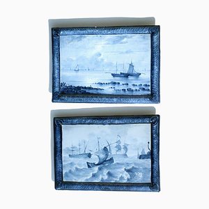 Marine Landscape Ceramic Tiles by Emile Gallé, Set of 2