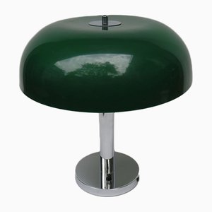 Lámpara de mesa hongo de cromo con pantalla de plástico verde oscuro, años 60