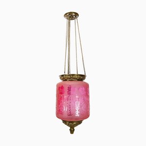 Antique Pendant in Pink Opaline Glass with Brass Edge & Suspension, 1860s