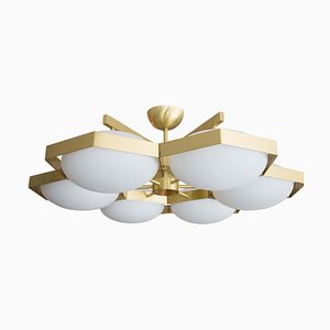 Brass and White Murano Glass Beehive Flush Mount Ceiling Lamp, 2009