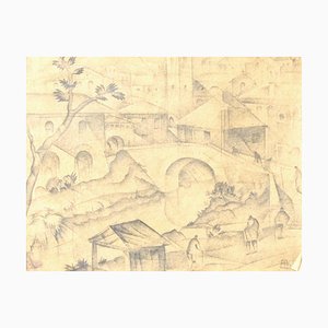 Futurist City - Original Pencil Drawing by C. Borg Pisani - Early 20th Century