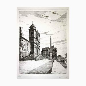 View of Trinità dé Monti (Rome, Italy) - Original Etching by G. Malandrino 1970s