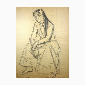 Jeune Femme Assise - Dessin au Fusain par Gio Colucci - 20ème Siècle Mid 1900