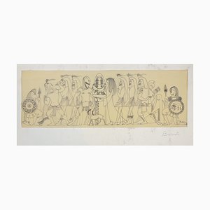 Escena mitológica - Dibujo original de tinta sobre pergamino de Buscot, mediados de 1900