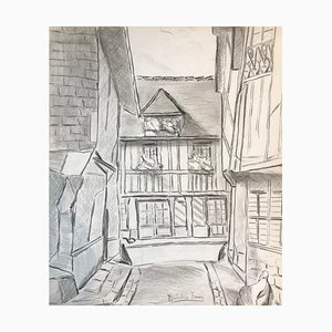 The Village - Original Pencil Drawing on Paper by M. Frouin Mid 1900