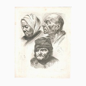 Grabado Original Study of Five Heads - Original de J.-J. Boissieu segunda mitad del siglo XVIII