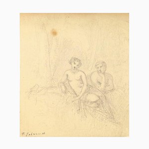 Coppia nuda - Matita su carta di T. Johannot - metà XIX secolo Mid-Century