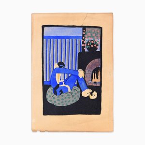 Blue Christmas - Incisione su legno colorata a mano a tempera su carta - Art Déco - anni '20