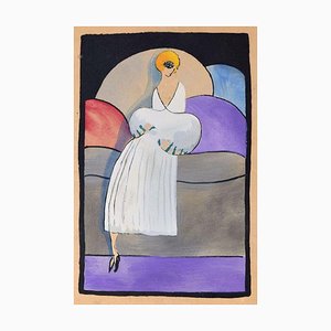 Woman in White / Woodcut Hand Colored in Tempera on Paper - Art Deco - 1920s 1920s