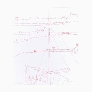 Bateau - Stylo Rouge Dessin sur Papier - Milieu 20ème Siècle 20ème Siècle