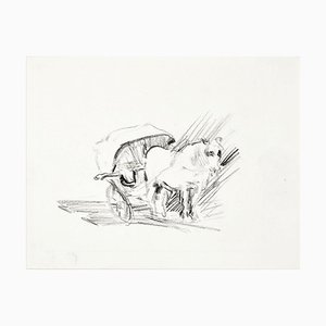 Cheval et Calèche - Dessin Original au Charbon par N. Czinober - Milieu 1900, 20ème Siècle