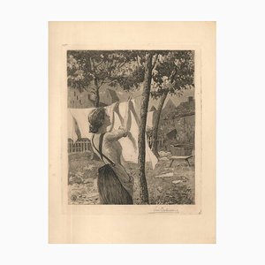 Woman Hanging Laudry - Original Etching by L. Desbuissons - 1904 1904