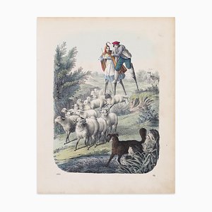 Pastori a piedi - Litografia originale - 1860 1860