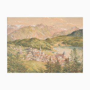 Vue de Saint-Moritz - Aquarelle originale sur papier par HB Wieland - 1900/1920 1900-1920