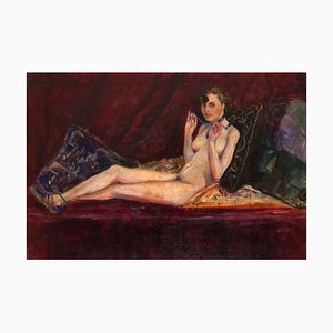 Pose de Nu à la Lance Bleue - Huile sur Toile par Antonio Feltrinelli - 1930s 1930s