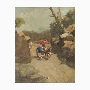 Caminando con el burro - óleo sobre lienzo de A. Milone - década de 1870