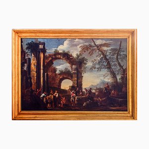 Roman Ruins with Figures - Original Oil On Canvas by Giovanni Ghisolfi Second Half of 17th Century