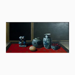 Cerámica, cerezas y huevo - Original Oil on Canvas de Zhang Wei Guang - años 2000