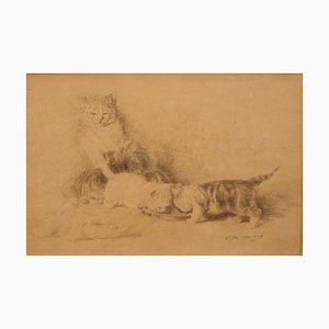 Three Little Cats - Original China Ink Drawing de L.-E- Lambert - 1890 ca. Ca de 1890