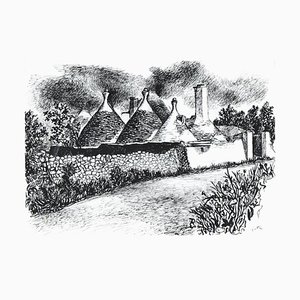 Trulli in Alberobello - Original Ink Drawing by Renato Guttuso - 1978/79 1978/79
