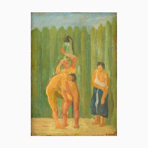 La Doccia (The Shower) - Huile sur Panneau en Bois par R. Monti - 1944 1944