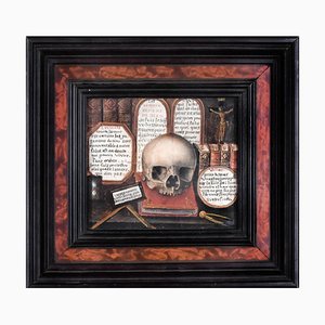 Crâne avec Écritures Saintes et Tablettes de la Loi - Tempera sur Carton 18ème Siècle