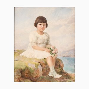 Portrait d'Enfant avec des Fleurs dans les Mains - Original Miniature Painting par A. Noci 1909