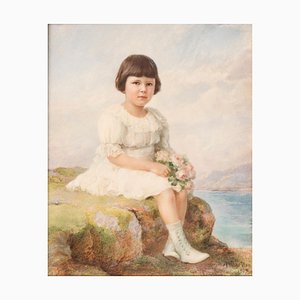 Retrato de niño con flores en las manos - Pintura miniatura original de A. Noci 1909