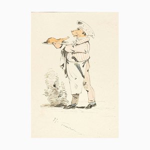 The Chef - Original Ink Drawing and Watercolor by JJ Grandville 1845 ca.