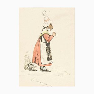 The Devotee - Original Ink Drawing and Watercolor by JJ Grandville 1845 ca.