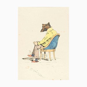 The Intellectual - Original Ink Drawing and Watercolor by J.J. Grandville 1845 ca.