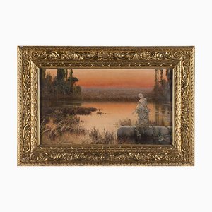 Romantic Landscape at Sunset - Original Oil Painting de E. Serra y Auque, principios del siglo XX