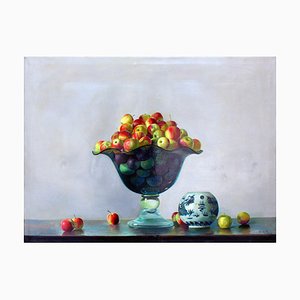 Vase en cristal avec des pommes - Huile sur toile originale - 2001 2001