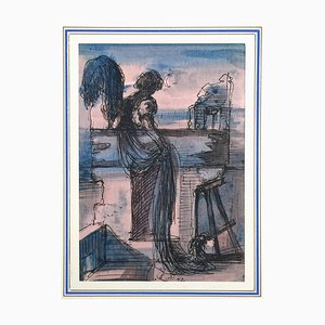 Figure at Sunset - Dessin Original à l'Encre et à l'Aquarelle par Eugène Berman 1942