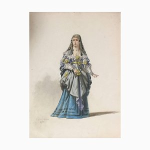 Vestido de mujer con teatro - Acuarela original de Eugène Lacoste 1878