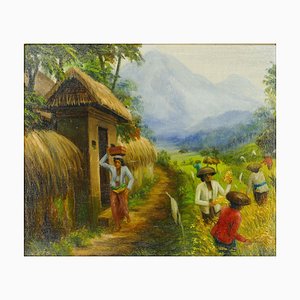 Rice Weeders at Work - Huile sur Toile Ecole de Bali - Milieu 20ème Siècle 20ème Siècle