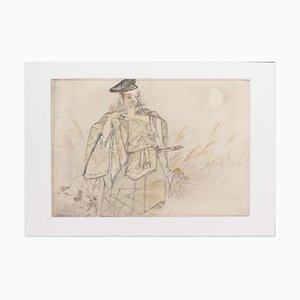 Samurai Flötenspiel - Mixed Media von Matsumura Keibun School - 1800 19. Jahrhundert