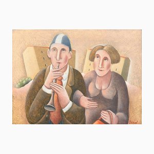 Primo Flauto e Signora - Original Oil on Wooden Panel by C. Benghi - 2000s